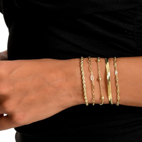 Dainty Gold Bracelets for Women, 14K Gold Plated Stackable Bracelet Set, Adjustable Beaded Cuban Paperclip Herringbone Figaro Snake Rope Chain Jewelry - style: Set8 Gold 5Pcs