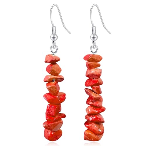 Handmade Bohemian Vintage Silver Nature Stone Beads Long Dangle Drop Earrings for Women - color: Orange Red