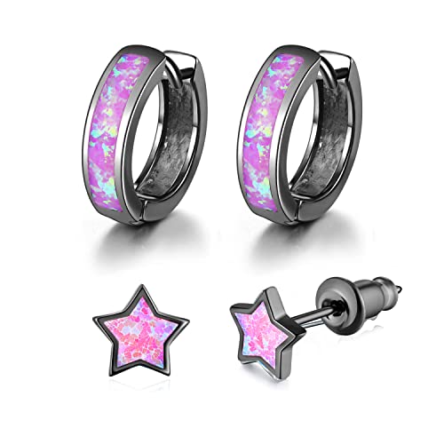 CiNily Huggie Earrings Opal Hinged Hoop Earrings Gold Plated Hypoallergenic Small Hoop Earrings for Women Teen Girls Men Sensitive Ears - color: Purple-Black Gold