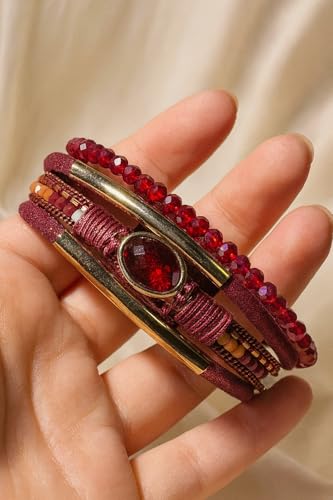 Boho Layered Bracelet for Women – Green Crystal Beaded Wrap Bracelet with Gold Clasp, Multi-Strand Hypoallergenic Statement Jewelry - color: Red Ruby