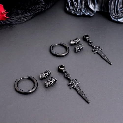 Sonateomber Gothic Silver Black Small Hoop Earrings for Women Men, Punk Hip Hop Engrave Beaded Goth Dangle Drop Earings Halloween Costumes Accessories Prom Fashion Jewelry Gift - color: Black Sword