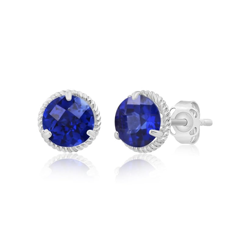 14k White or Yellow Gold Roped Halo Gemstone Round Stud Earrings for Women 6mm Birthstone with Push Backs by MAX + STONE - color: Created-Blue-Sapphire