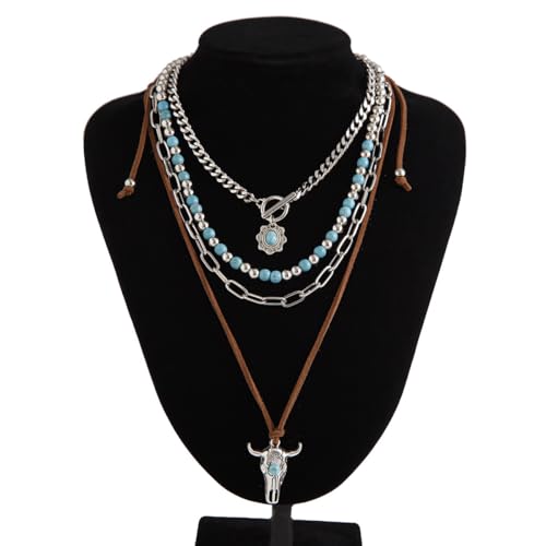 Western Necklaces Boho Layered Charm Necklace for Women Turquoise Beaded Choker Ox-head Pendant Necklace Western Jewelry for Women Cowgirl Accessories - color: Style-A
