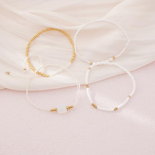 Dainty Gold Plated Pearl Crystal Beaded Bracelets Set for Women 14K Gold Plated Bead Pearl Beads Bracelet Stackable Paperclip Link Chain Bracelets Gold Plated Bracelets for Women Trendy Jewelry - color: Style10