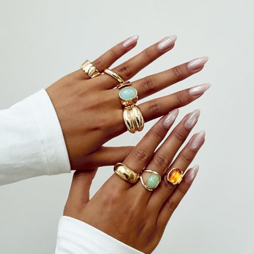 Chunky Gold Rings for Women Non Tarnish Silver Chunky Rings Set Adjustable Thick Statement Ring Gold Stackable Ring for Women Trendy Fashion Silver Jewelry - style: Style8-Blue Gemstone 7Pcs