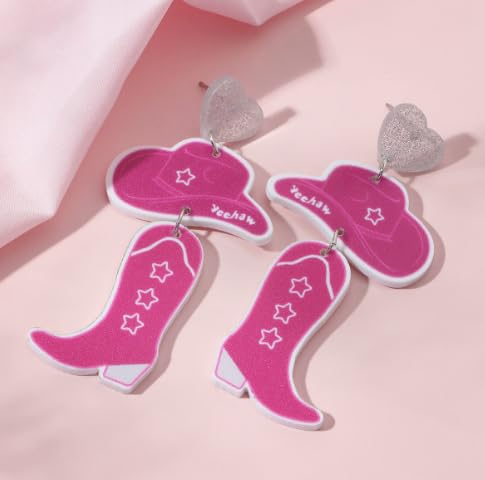 Western Cowboy Style Pink Heart Hat & Boot Acrylic Earrings Boho Festival Stackable Jewelry for Women - color: B