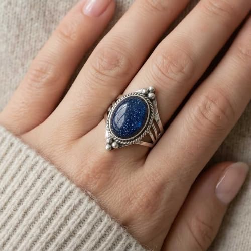 Handmade 925 Sterling Silver Plated Ring Natural Gemstone Carnelian, Rose Quartz, Tiger Eye, Crystal Oval Boho Jewelry For Women - color: Blue Sunstone