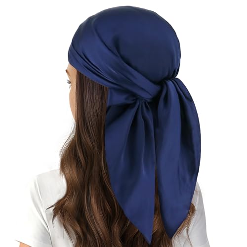 vimate Head Scarf for Women Hair 27'' Square Satin Silk Feeling Bnadana Neck Scarf Handbag Accessories Etc - color: C82#. Navy Blue