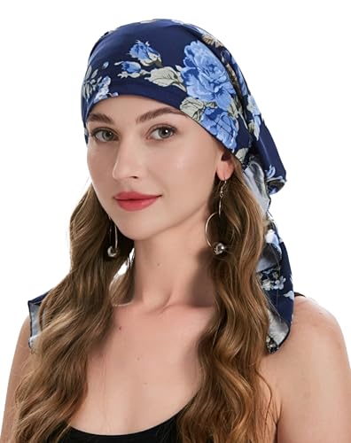 ZLYC Chemo Headwear Pre Tied Head Scarf Headwraps Lightweight Turban Beanie Cap for Women - color: Blue Rose Navy