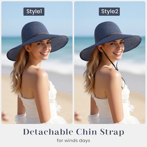 Sun Hats for Women, Straw Hats UPF 50+ Sun Protection, Wide Brim Womens Beach Hat for Summer Travel - color: Navy Blue