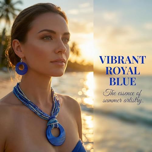 Coiris Multi Strand Statement Colorful Beaded Necklace with Big Circle Shell Pendant for Women - color: Royalblue