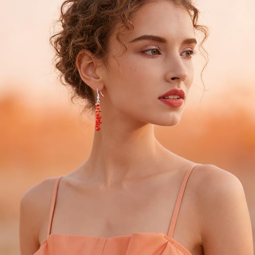 Handmade Bohemian Vintage Silver Nature Stone Beads Long Dangle Drop Earrings for Women - color: Orange Red