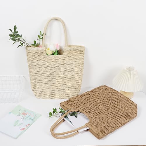 WantGor Straw Beach Bags, Women Summer Woven Tote Bag Large Boho Shoulder Handbags Casual Travel Beach Bag Foldable Hobo Bags - color: Khaki