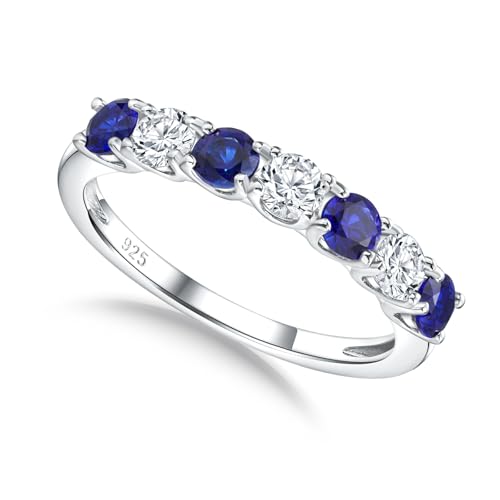 3.5mm Stackable Rings S925 Sterling Silver Created Birthstone & Cubic Zirconia Ring for Women Wedding Bands Anniversary Birthday Jewelry Size 6 to 10(with Box) - color: 09-Created Sapphire & CZ-Sep