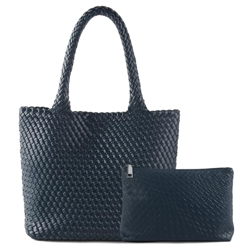 Hand Woven Bag Tote BagS For Women Top Handle Shoulder Vegan Leather Large Travel Beach Hobo Handbag - color: Navy Blue