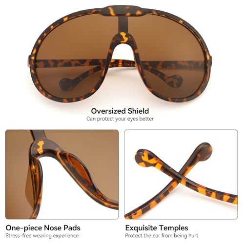 Dollger Oversized One Piece Sunglasses For Women Fashion Men Wrap Around UV400 Shield Goggles - color: Leopard Frame Tea Lenses