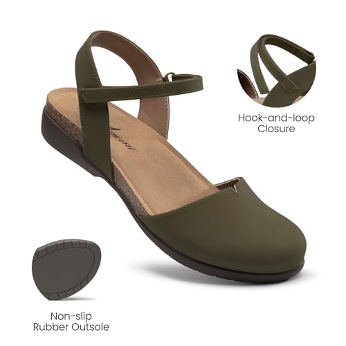 Athlefit Women's Closed Toe Sandals Comfort Cork Footbed Arch Support Flat Sandals - color: Ivy, size: 9