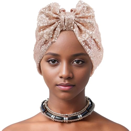 Erinaco Women Sparkle Sequin African Turban Bow Knot Pre-Tied Cap Pleated Ruffle Bonnet Beanie Hat Headwrap Skull Caps - color: Champagne Sequin