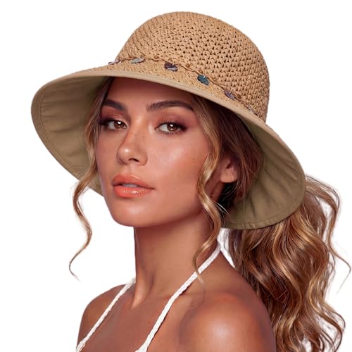 TOP-EX chicpony™ Cooling UPF 50+ Wide Brim Beach Hand Crochet Straw Hat - color: Khaki Shell, size: Medium