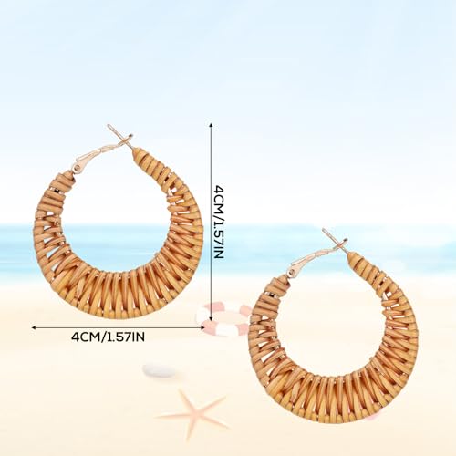 Boho Handwoven Rattan Hoop Earrings, Summer Beach Rattan Earrings Cute Hoop Dangle Drop Lightweight Bohemian Weaving Jewelry for Women Fashion Travel Essentials