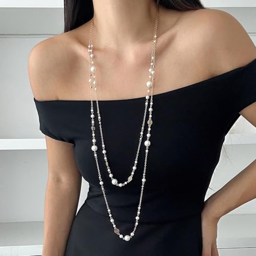 Long Necklaces for Women Pearl Necklaces for Women Long Chain Necklace Dainty Layered Pearl Necklace Statement Sweater Strand Chain Jewelry - color: Gold