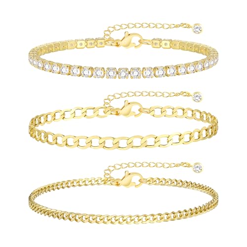 Gold Bracelets for Women, 14k Gold Plated Hand Chain Bracelet, 2 Pcs Ring Bracelets for Women Trendy Dainty Cubic Zirconia Bracelet Ring Bracelet Hand Jewelry Adjustable 6.3'+2' - style: CZ+cuban-1