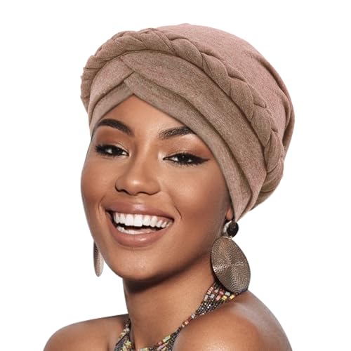DRESHOW Turban Pre-Tied Twisted Hat Thread African Head Wraps for Black Women Chemo Cancer Cap Braid Hair Cover - color: 1 Pack Twisted Braid: Light Coffee