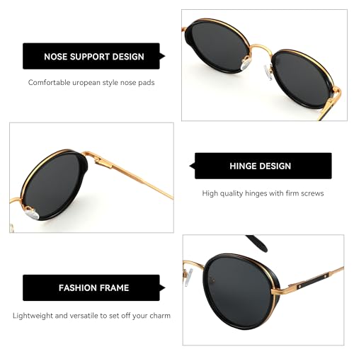 ZENOTTIC Retro Round Polarized Steampunk Sunglasses for Men Women-Circle Vintage Design Metal Frame UV400 Shades - color: C05 Gold Frame Grey Lens