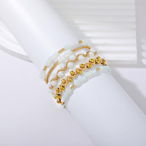 Dainty Gold Plated Pearl Crystal Beaded Bracelets Set for Women 14K Gold Plated Bead Pearl Beads Bracelet Stackable Paperclip Link Chain Bracelets Gold Plated Bracelets for Women Trendy Jewelry - color: Style5-2 White