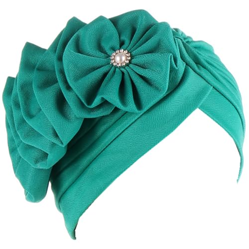 Flower Turban Hats for Women - Ruffle Bead Stretch Solid Caps Chemo Cancer Pre Tied Headscarf Headwear - color: Teal