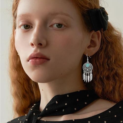 Boho Turquoise Drop Earrings Retro Long Copper Feather Tasse Metal Leaf Dangle Earrings Vintage Country Western Jewelry Cowgirl Ethnic Style Geometric Concert Festival Accessories for Women - color: Silver Feather