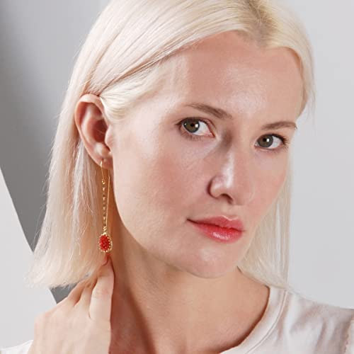 Simulated Druzy Threader Earrings for Women - Gold, Silver, or Rose Gold Tone Long Chain Earrings with Boho Created Geode Stone - color: Gold - Red Stone