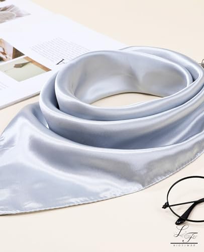 Hioyiwse Satin Square Scarf for Women Solid Color Emulation Silk Handkerchief Hair Ribbon Headband Handbag Purse - color: D13-silver(23.6*23.6inch)