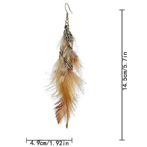 Bohemian Handmade Natural Long Feather Dangle Earrings for Women Multicolor Tassel Feathers Dangle Drop Earrings Vintage Bohemian Earrings Boho Feather Earrings - color: Brown