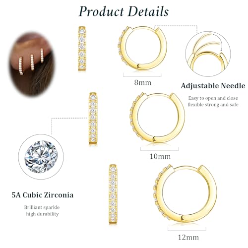 Poxtex Small Sterling Silver Huggie Hoop Earrings Set for Women, Hypoallergenic 14K Gold Plated Hoops Stacks for Multiple Piercings, Dainty Cute Mini Lightweight Cartilage Studs Trendy Jewelry Gift - color: Gold-cz hoops 8 10 12