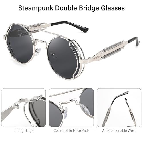 FEISEDY Aviator Sunglasses for Men Women, Retro Steampunk Gothic Round Metal Frame Hippie Glasses B2351 - color: Silver Frame With Gray Lens and Silver Leg