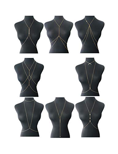 Tornito 4-8Pcs Sexy Body Chain Belly Waist Chain Necklace Summer Beach Bikini Bra Body Jewelry for Women Gold Tone - style: A1:8pcs, Gold Tone