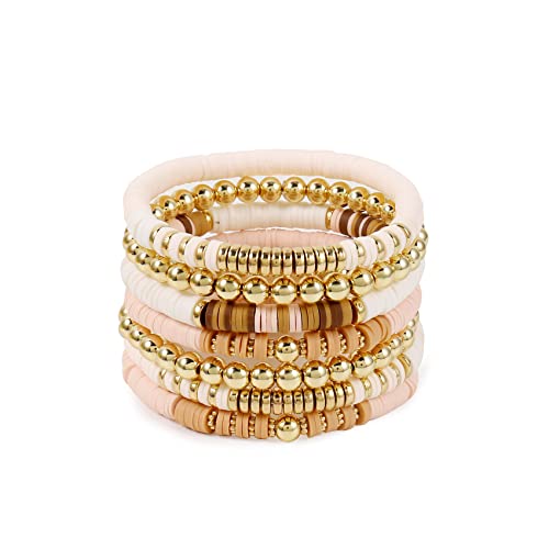 Elegance 11 designs Heishi Beaded Bracelets For Women Polymer Clay Colorful Surfer Stackable Beads Boho Bracelet Summer Beach Jewelry - color: Light pink