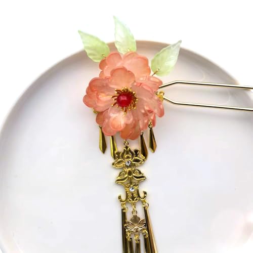 Pink Peony Resin Hairpin with Elegant Tassel - Chinese Hanfu Vintage Floral Hair Stick for Women, Romantic Hair Accessory (Pink Peony) - color: Pink Peony