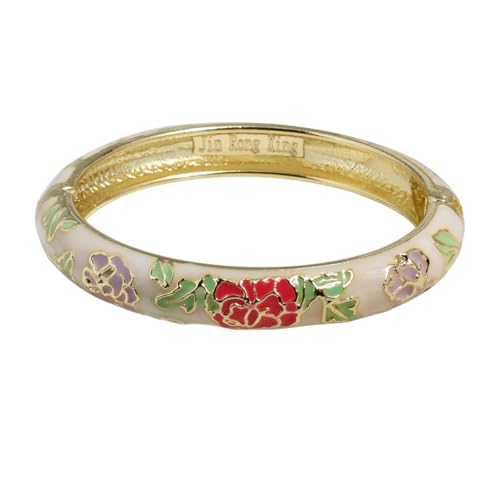Vintage Flower Cuff Bangles Gold Plated Cloisonne Chinoiserie Peony Floral Elegant Bracelet Gifts For Women - color: beige