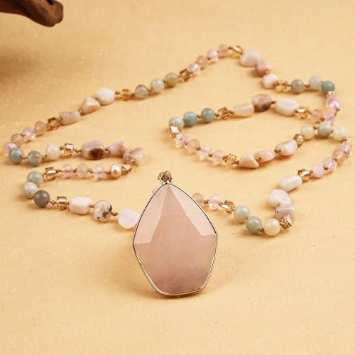Long Necklaces for Women Boho, Oval Waterdrop Turquoise Pendant, Natural Stone Beaded, Handmade,Vintage & Elegance, Boho Fashion Charm Beaded Necklace for Women - style: F-PinkQuartz Pendant
