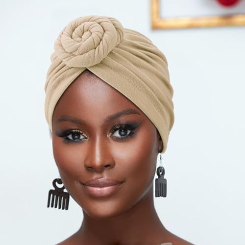 DRESHOW 5 Pack Knotted Headwraps for Women African Turban Pre-Knotted Beanie Headwraps Hair Covers - color: 5 Pack Donuts: White, Khaki, Army Green, Dark Red, Black