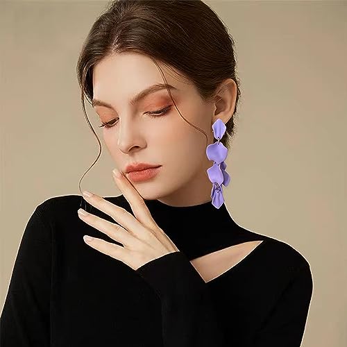 Long Acrylic Rose Petal Earrings Dangle Exaggerated Flower Earrings Drop Statement Floral Tassel Earrings for Women - color: Violet