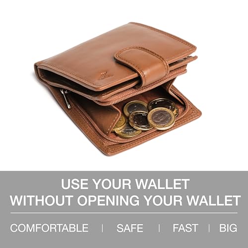 Soft Leather Wallet for Men - Mens Wallet Bifold with Zipper Coin Pocket - Holds Bills, Credit Cards, Coins - Carteras para Hombres Piel - Billeteras de Hombres Cuero Original - RFID Blocking - color: Cognac
