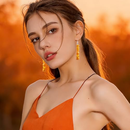 Handmade Bohemian Vintage Silver Nature Stone Beads Long Dangle Drop Earrings for Women - color: Orange
