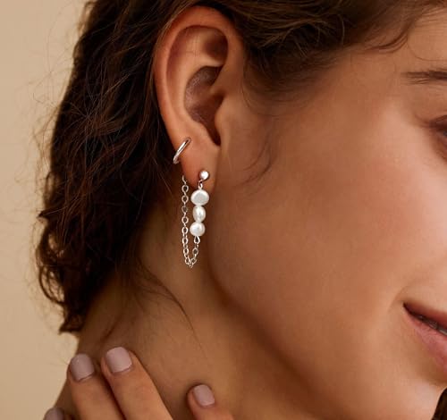 Pearl Earrings for Women, Gold Plated Huggie Hoop Drop Earrings | Hypoallergenic pearl hoop earrings designed for multiple piercings, cartilage styling and everyday wear - style: 4 pearl chain earring set-SL