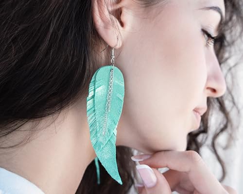 Black shiny Leather Feather Earrings for Women, Lightweight Minimal Boho Dangle Earrings, Small Simple Everyday Jewelry - color: Light green shiny