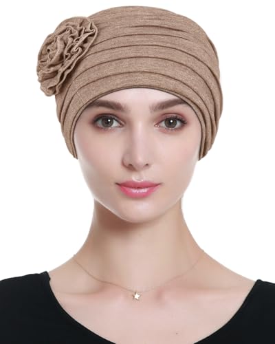 Alnorm Flower Design Chemo Hair Loss Caps Cancer Headwear for Women - color: Light Hemp Camel