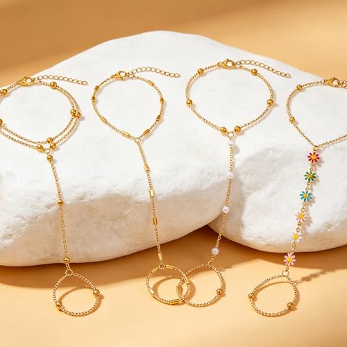 BOMAIL 7Pcs 14K Gold Plated Gold Hand Chain Bracelets for Women | Adjustable Ring Bracelets,Stackable Hand Link Chain,Dainty Gold Jewelry,Durable Accessory,Cute Bracelet