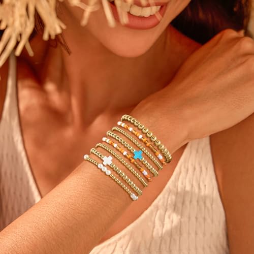 VIBILIA Gold Beaded Bracelets Set for Women 14K Gold Plated Dainty Pearl Cross Bracelet Stack Stretch Bracelet Set Fashion Accessories Gifts - color: 8P-#02-6441-Orange
